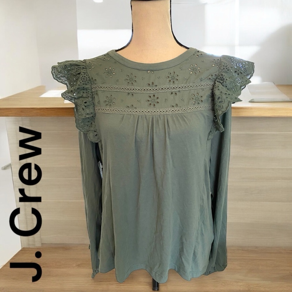 J. Crew-XXL ruffled embroidered eyelet top in beautiful green. 100% cotton. EUC!